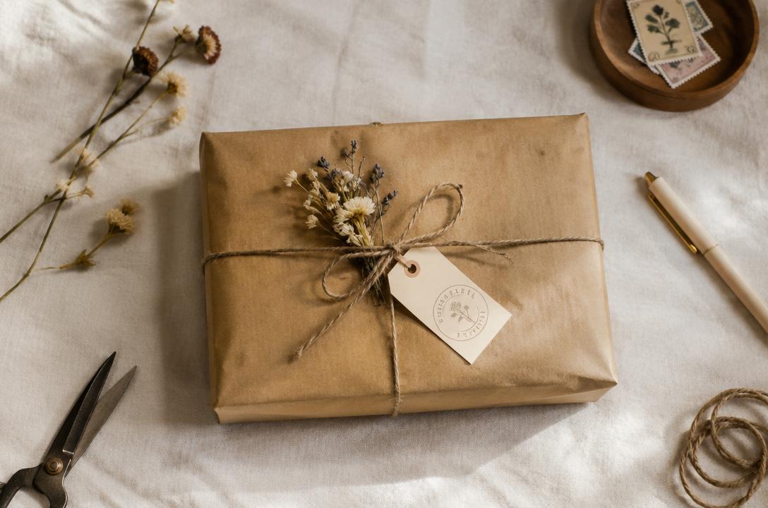 Hand-wrapped kraft parcel tied with twine and dried flowers